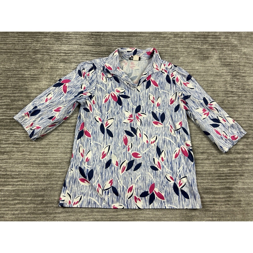 Rhapsody Blouse Womens Medium White Blue Pink Floral Leaf Retro 3/4 Sleeve USA
